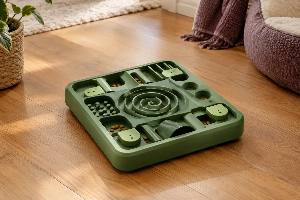 Puzzle alimentaire vert pour chat, avec compartiments et tunnels, posé sur un sol en bois.
