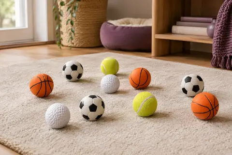 Douze balles de jeu pour chat aux motifs sportifs, disposées sur un tapis crème.