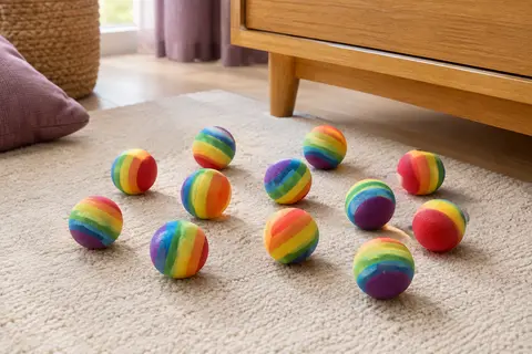 Douze petites balles en mousse EVA aux motifs arc-en-ciel posées sur un tapis crème dans un intérieur chaleureux