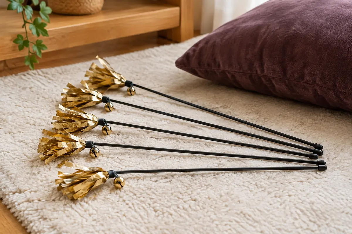 Cinq baguettes légères pour chats avec pompons en papier doré sonore et petites clochettes métalliques.
