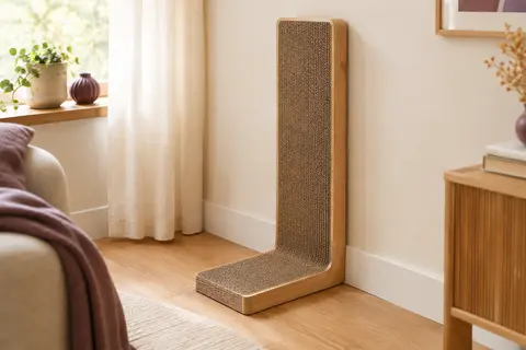 Griffoir en L en carton à effet bois clair, fixé au mur dans un intérieur chaleureux.