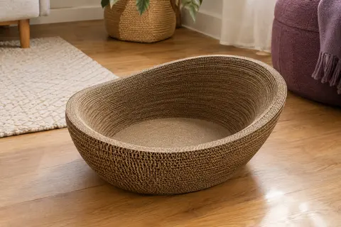 Griffoir ovale en carton ondulé avec forme incurvée, posé sur un sol en bois dans un intérieur chaleureux.