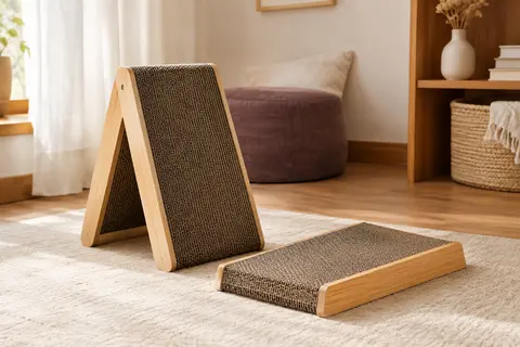 Griffoir triangulaire Conlun en carton ondulé, présenté en forme de A dans un intérieur clair