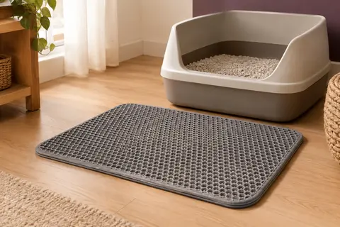 Tapis de litière gris en EVA à surface alvéolée posé devant un bac dans un intérieur chaleureux