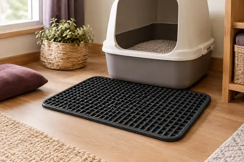 Tapis de litière noir à maillage quadrillé posé devant un bac dans un intérieur chaleureux.