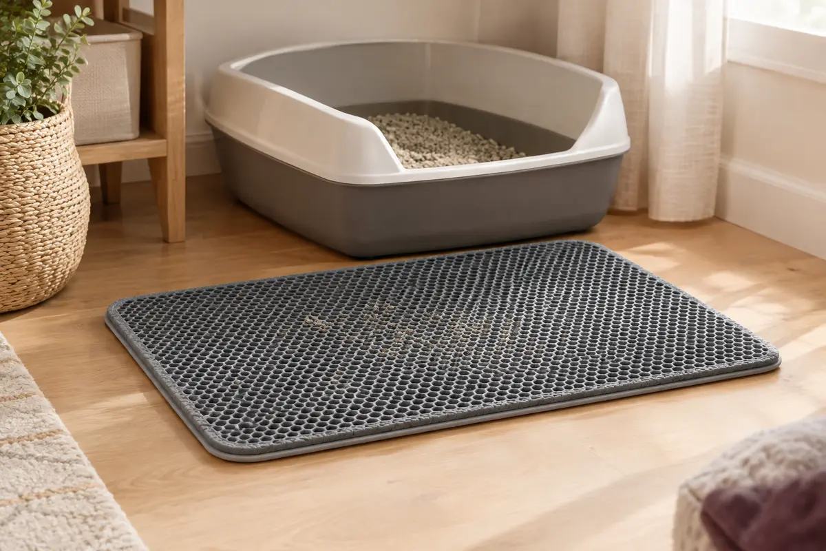 Tapis de litière gris en EVA à double couche alvéolée posé devant un bac à chat
