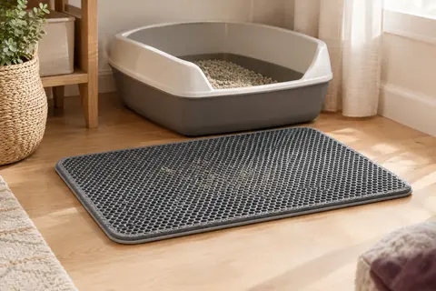 Tapis de litière gris en EVA à double couche alvéolée posé devant un bac à chat