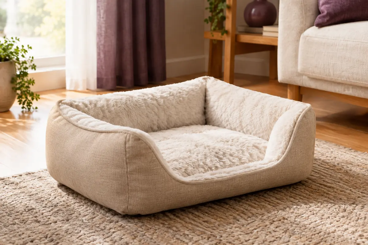 Panier rectangulaire beige pour chat, à rebords rembourrés et intérieur en fausse fourrure douce.
