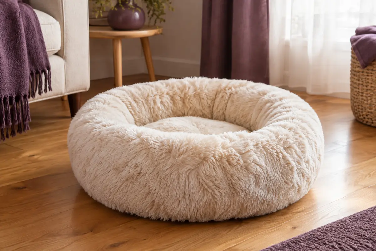 Panier rond crème pour chat en fausse fourrure, avec rebord moelleux et base antidérapante
