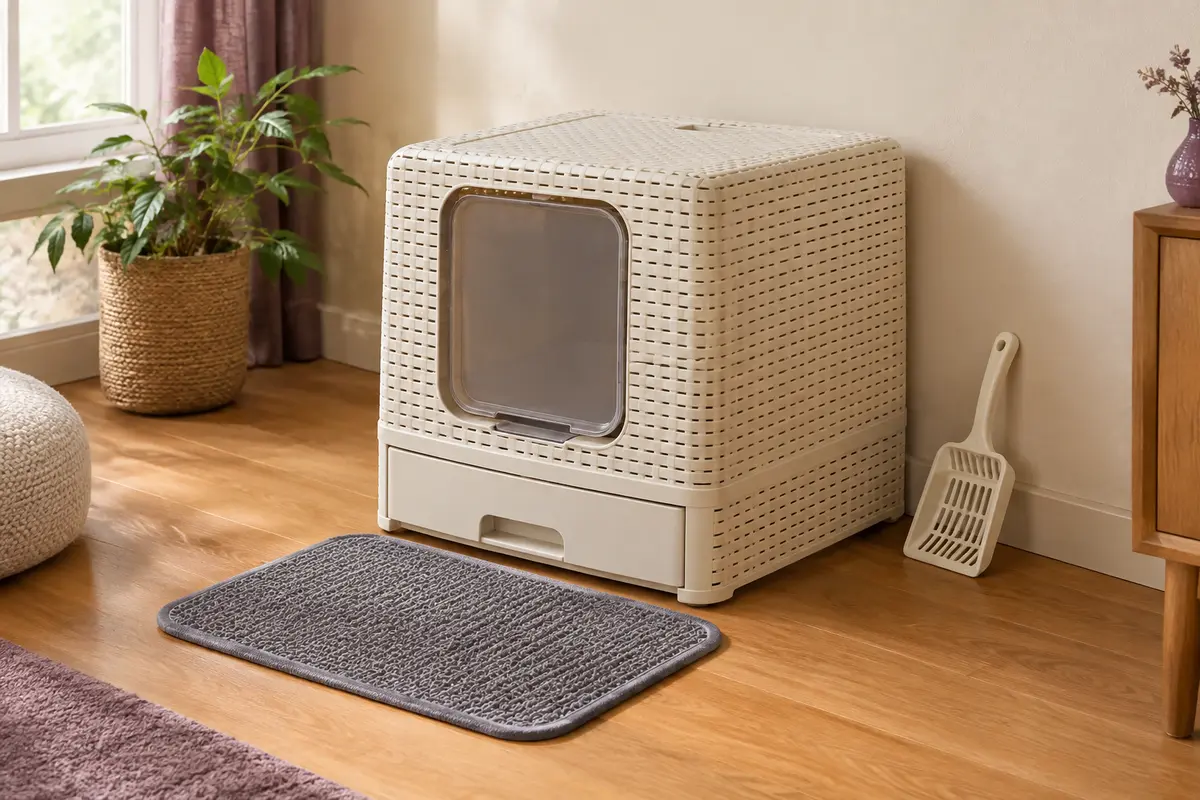 Maison de toilette fermée ivoire avec porte battante, tiroir coulissant, tapis et pelle pour chat