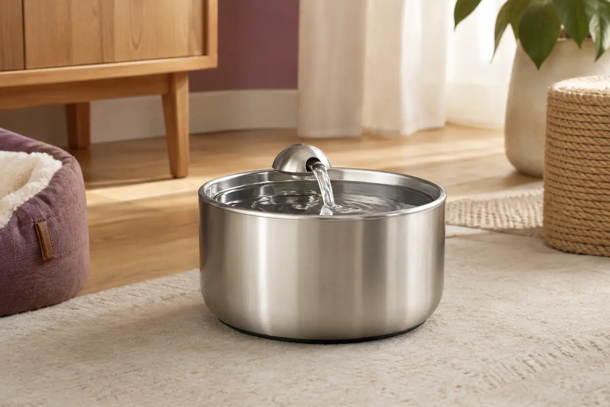 Fontaine à eau pour chat en acier inoxydable avec sortie hémisphérique et eau en circulation