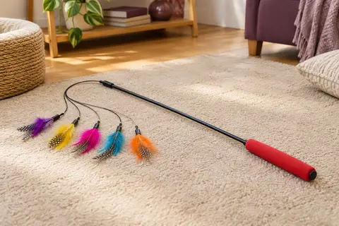 Canne à pêche pour chat avec poignée rouge, fil souple et cinq leurres à plumes colorés
