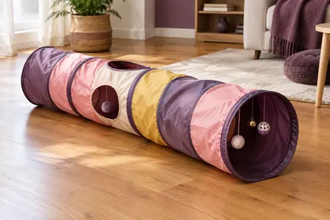 Tunnel de jeu pliable en polyester multicolore, ouvert avec des balles et des clochettes suspendues.