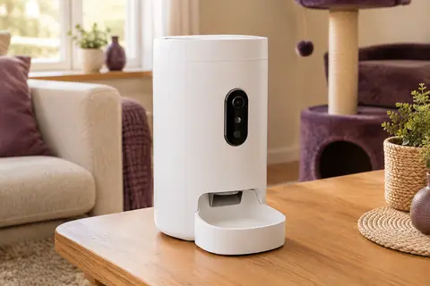 Distributeur automatique blanc pour chat avec caméra intégrée, posé dans un intérieur chaleureux.