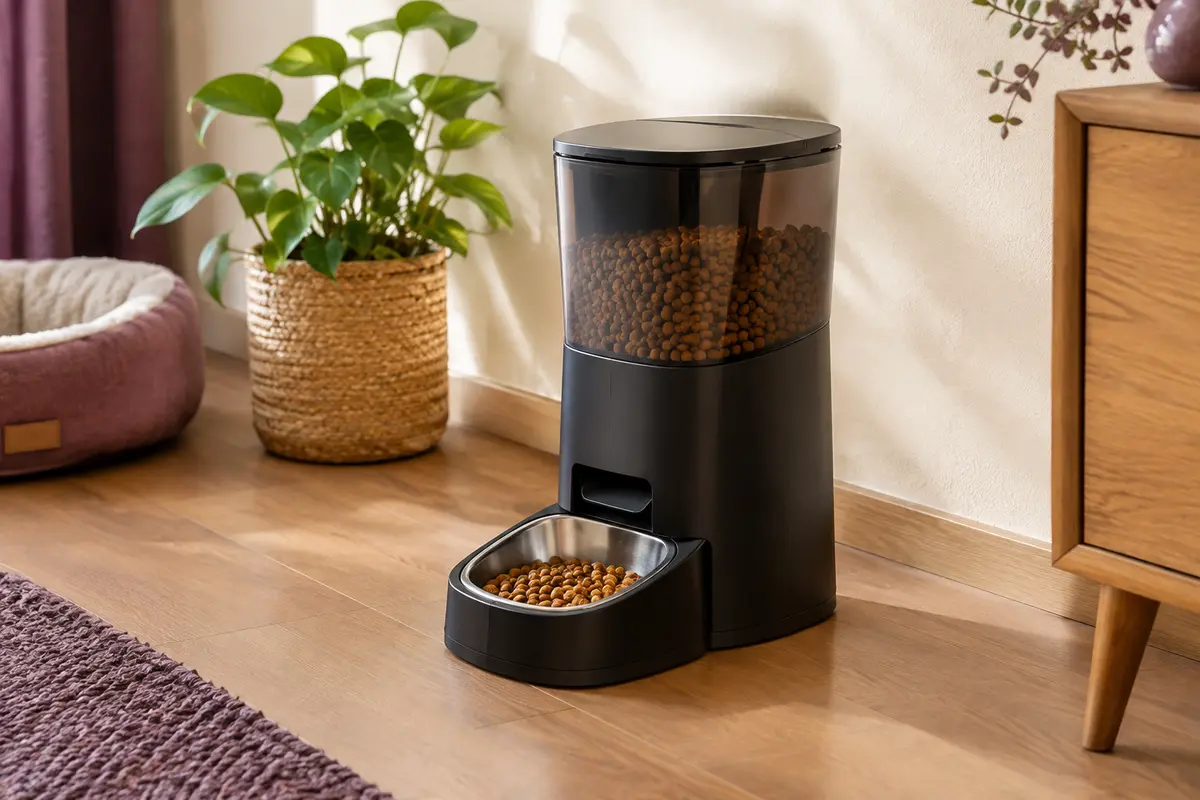 Distributeur automatique de croquettes noir avec sa gamelle en acier inoxydable dans un intérieur chaleureux