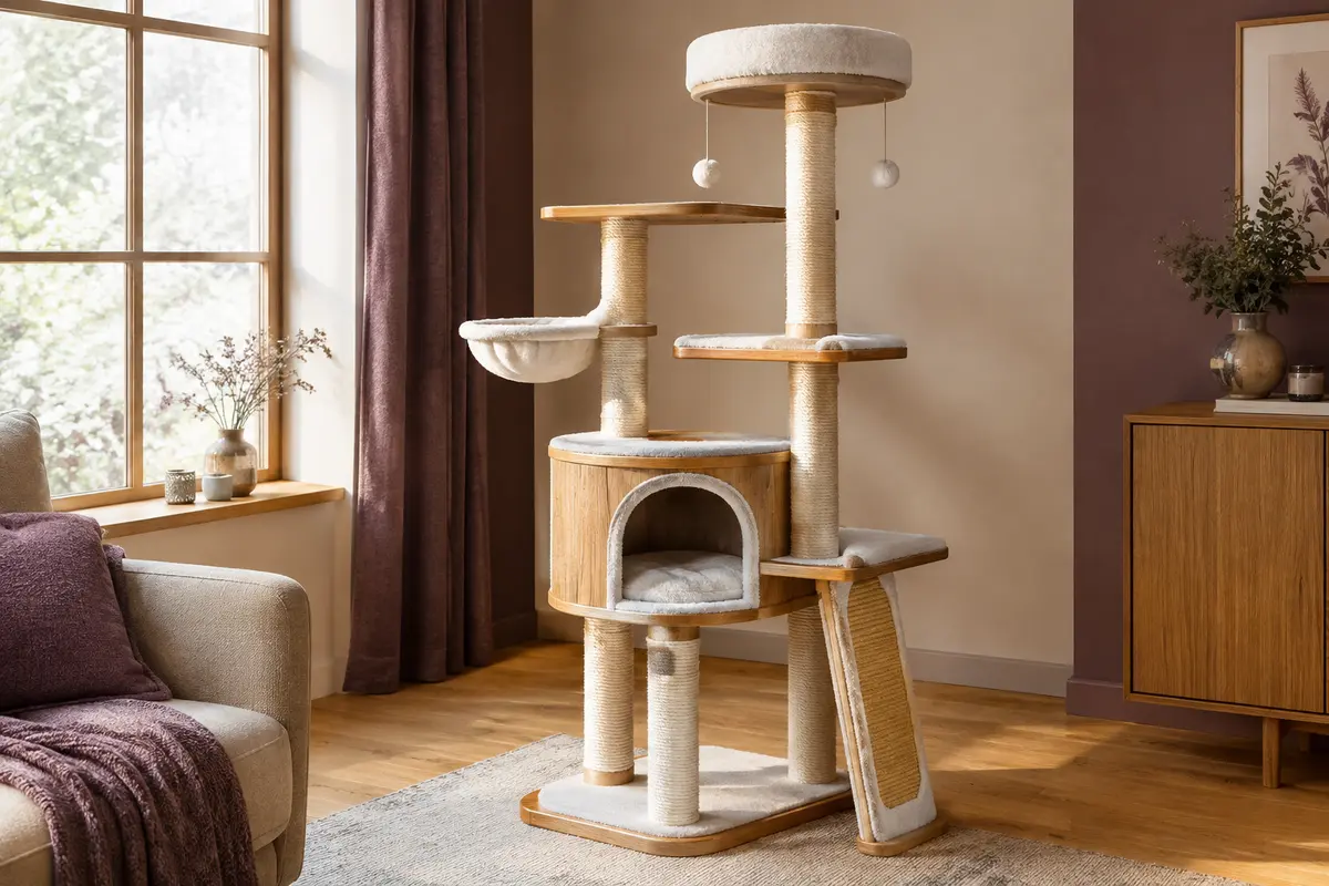 Arbre à chat Feandrea avec cache-litière, plateformes, griffoirs et tapis moelleux