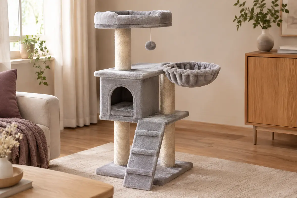 Arbre à chat gris tourterelle avec niche, panier, plateformes, poteaux à griffer et rampe d’accès