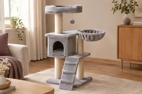 Arbre à chat gris tourterelle avec niche, panier, plateformes, poteaux à griffer et rampe d’accès