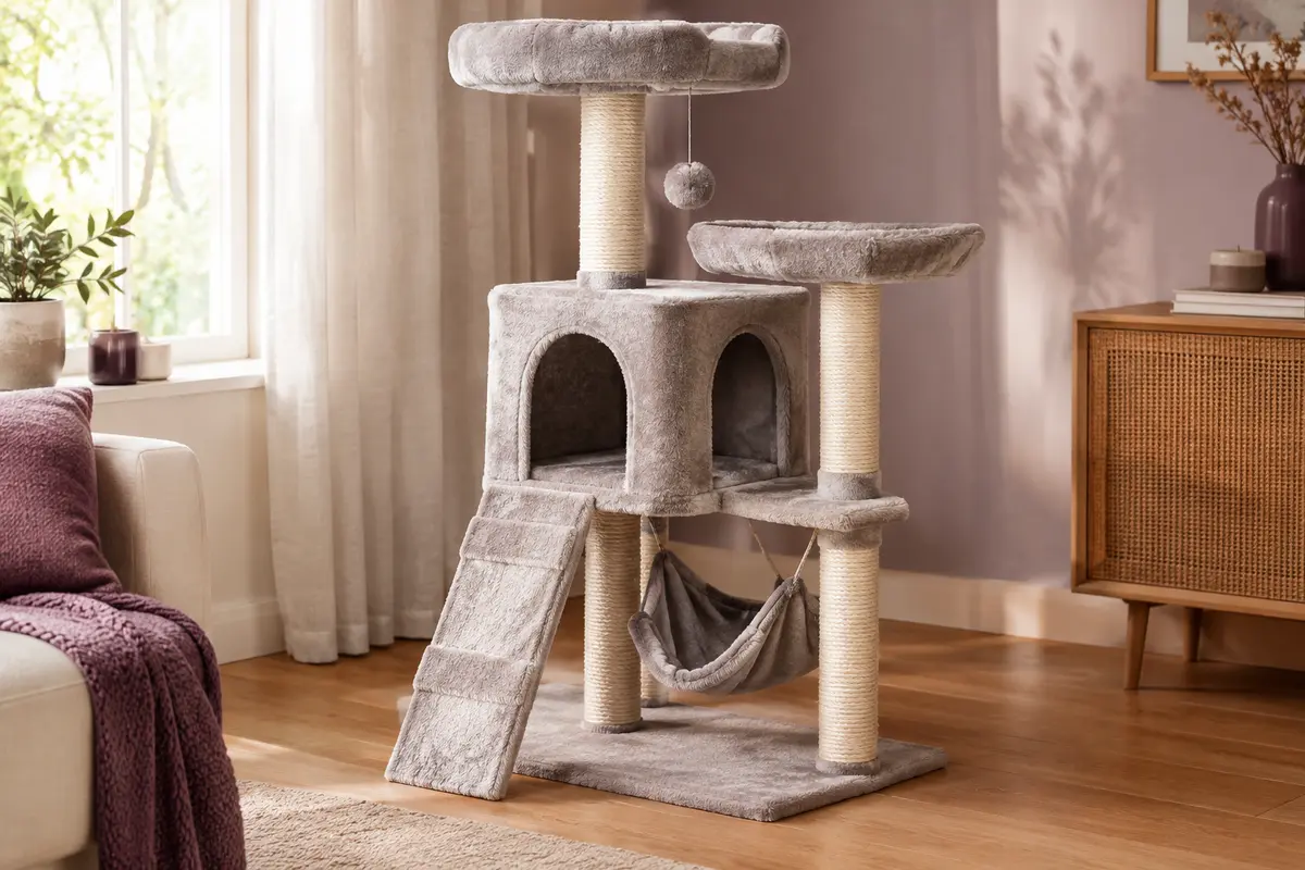 Arbre à chat gris tourterelle avec niche, hamac, perchoir, rampe en sisal et pompon suspendu