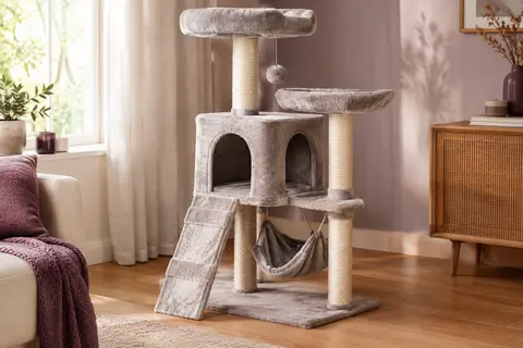 Arbre à chat gris tourterelle avec niche, hamac, perchoir, rampe en sisal et pompon suspendu