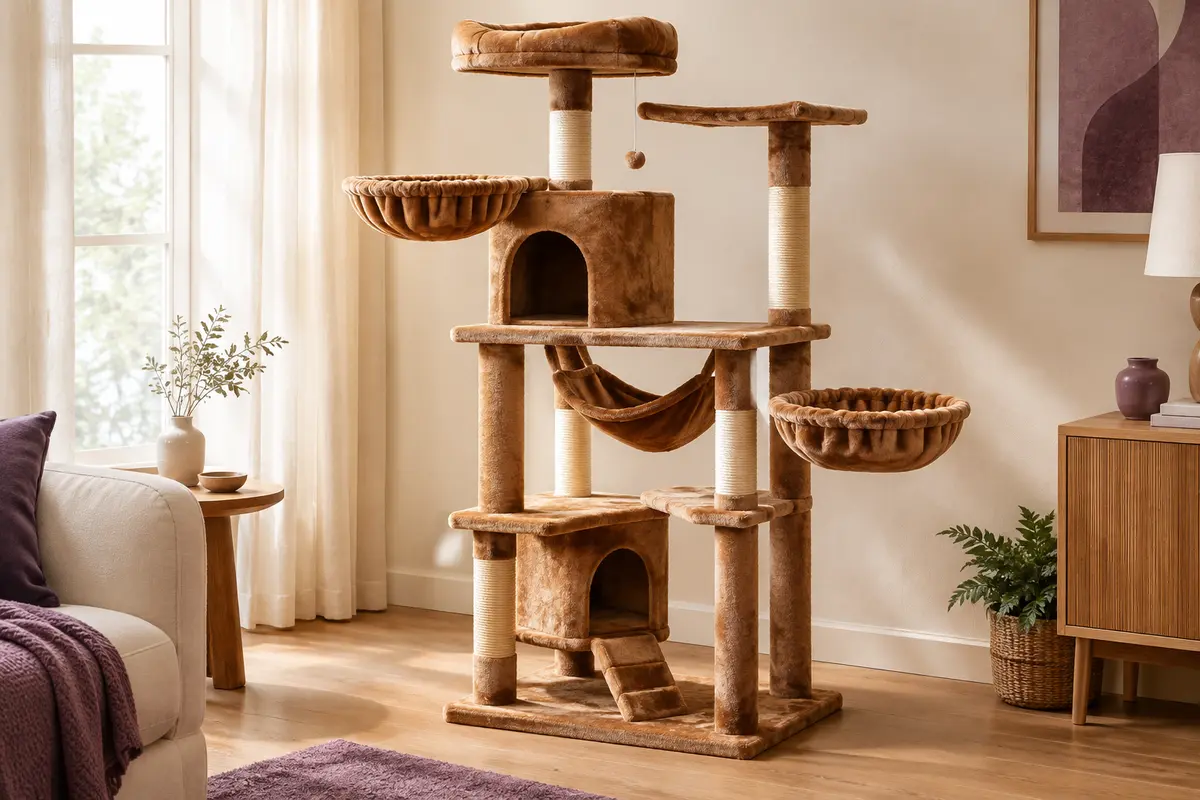 Arbre à chat marron camel avec niches, paniers, hamac et griffoirs en sisal