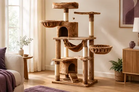 Arbre à chat marron camel avec niches, paniers, hamac et griffoirs en sisal