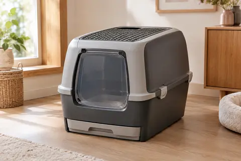 Bac à litière fermé gris avec plateau coulissant, porte et dessus grillagé dans un intérieur chaleureux.