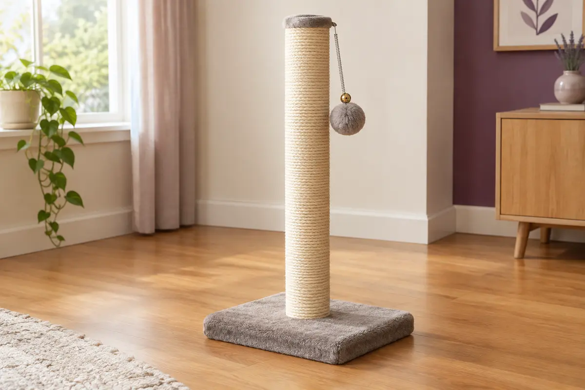 Griffoir gris tourterelle avec poteau en sisal épais, base en peluche et balle suspendue à grelot.
