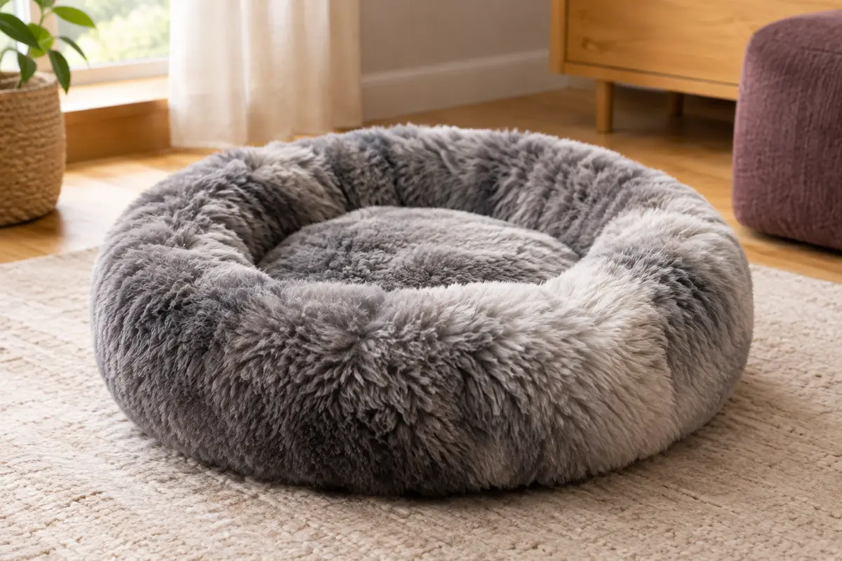 Panier rond gris en peluche longue avec coussin central, posé dans un intérieur chaleureux