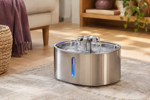 Fontaine à eau pour chat en acier inoxydable avec fenêtre de niveau et cascade florale