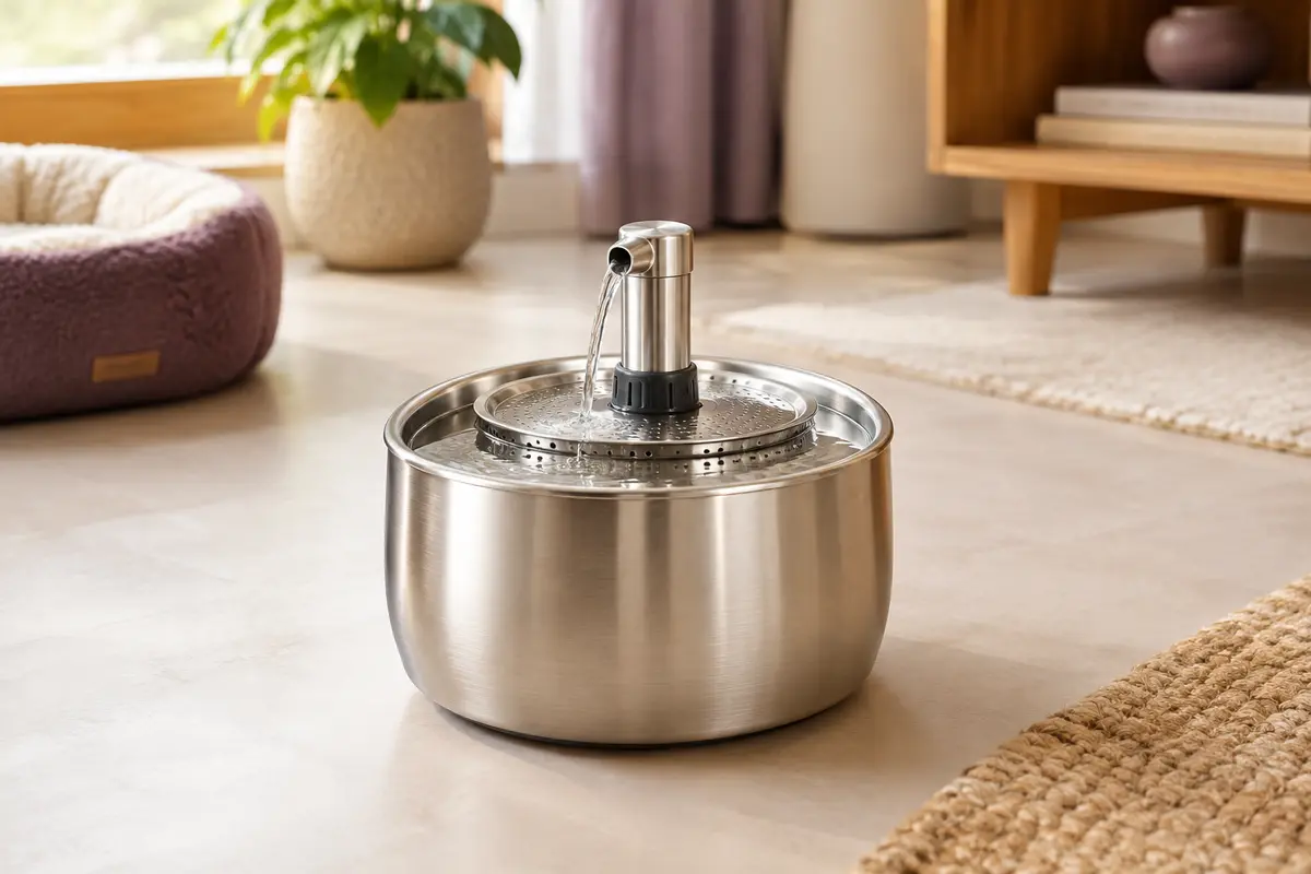 Fontaine à eau pour chat en acier inoxydable avec robinet intégré, posée dans un intérieur chaleureux