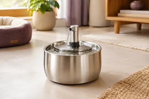 Fontaine à eau pour chat en acier inoxydable avec robinet intégré, posée dans un intérieur chaleureux