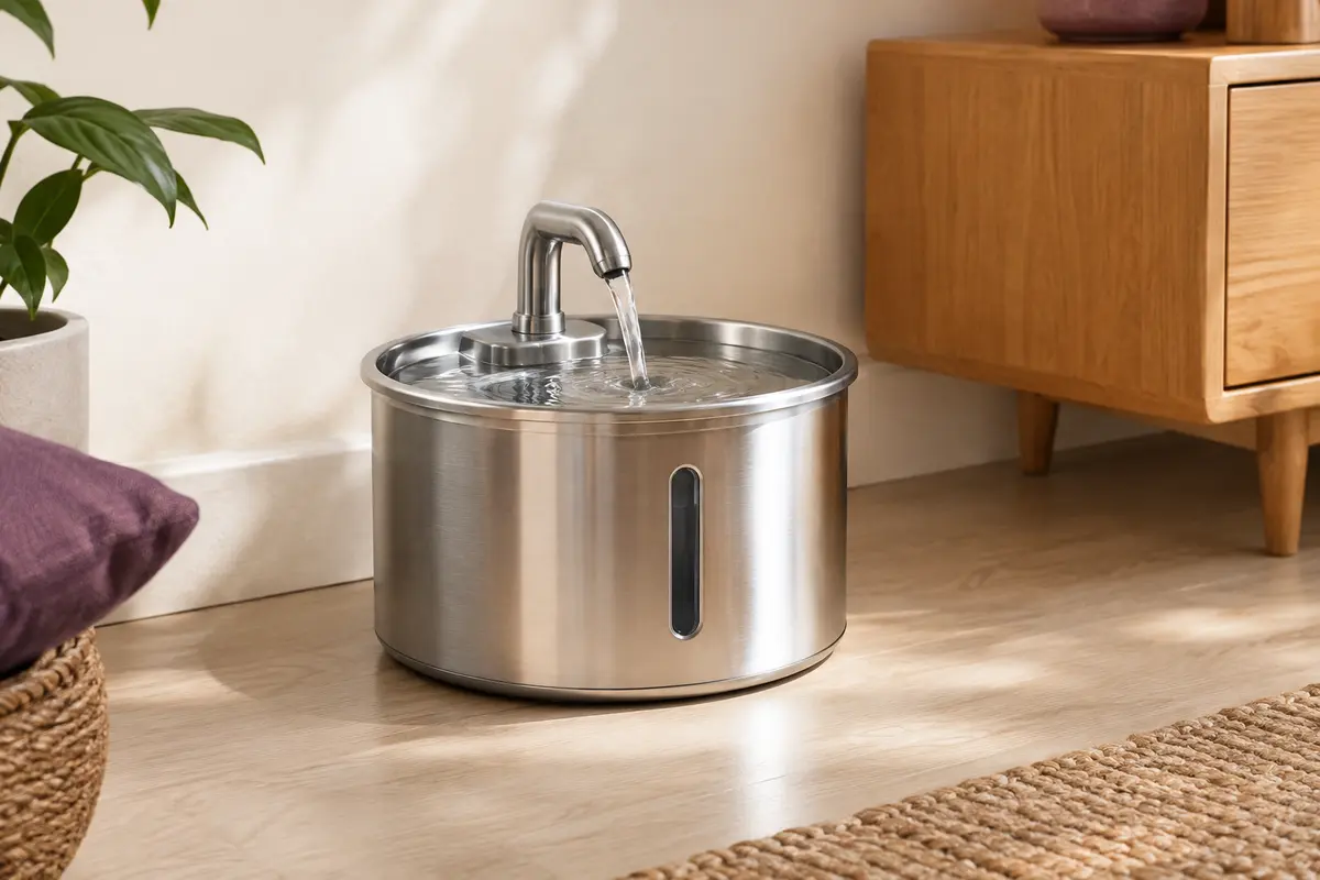 Fontaine à eau pour chat en acier inoxydable avec sortie en forme de robinet et fenêtre de niveau