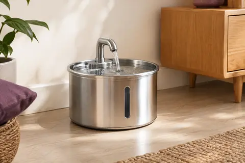 Fontaine à eau pour chat en acier inoxydable avec sortie en forme de robinet et fenêtre de niveau
