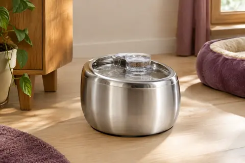 Fontaine à eau pour chat en inox argenté avec filtre transparent, posée dans un intérieur clair et chaleureux
