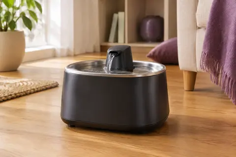 Fontaine à eau noire pour chat avec plateau à boire en acier inoxydable, posée sur un sol en bois.