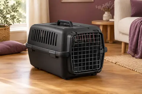 Caisse de transport rigide noire pour chat avec porte métallique, fentes d’aération et poignée supérieure