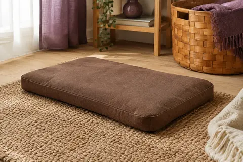 Tapis de couchage rectangulaire marron posé dans un intérieur chaleureux près d’un panier en bois