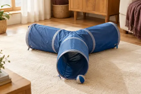Tunnel de jeu pliable bleu à trois voies avec sa balle, posé dans un intérieur chaleureux.