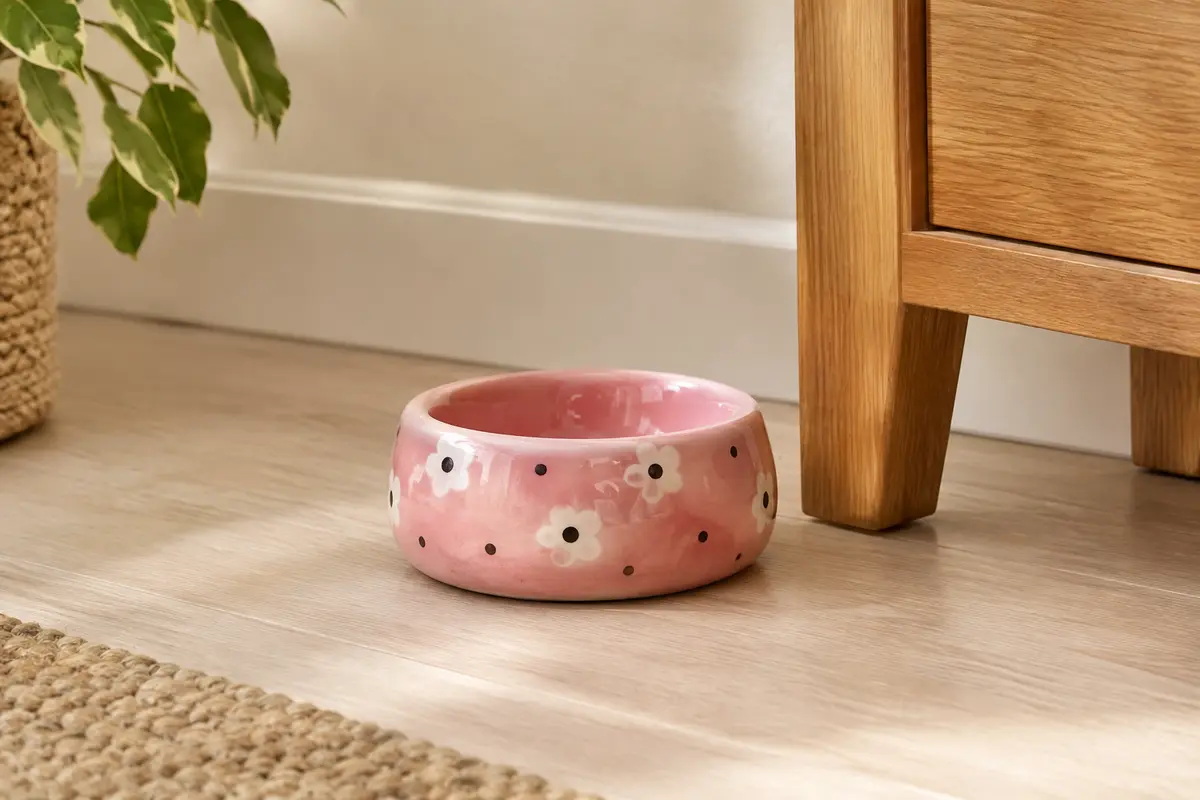 Gamelle pour chat en céramique émaillée rose, blanche et noire posée dans un intérieur chaleureux