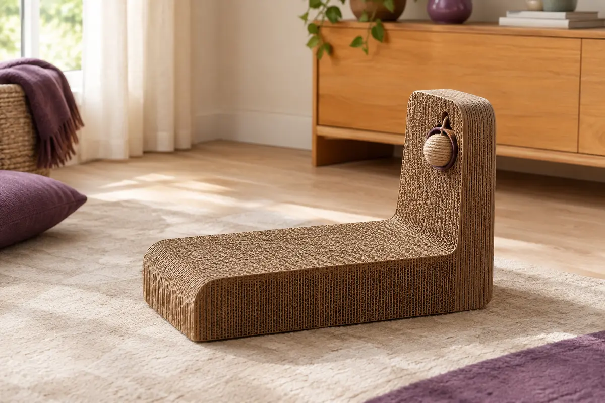 Griffoir pour chat en carton ondulé en forme de L, accompagné de sa balle dans un intérieur chaleureux