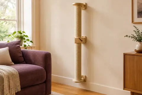 Griffoir mural vertical en sisal fixé sur un mur clair dans un intérieur chaleureux