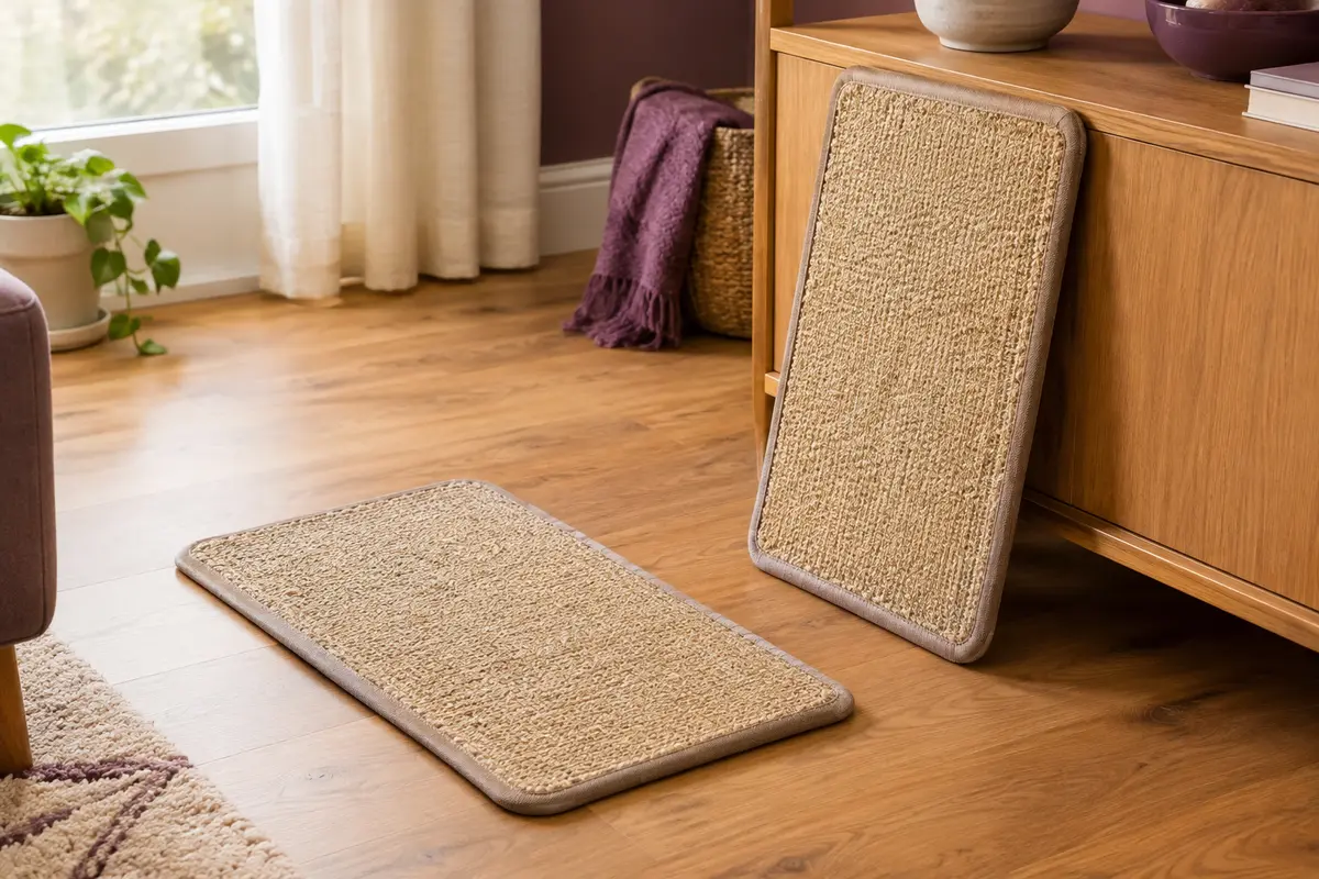 Deux tapis griffoirs en sisal beige posés sur un sol en bois dans un intérieur chaleureux