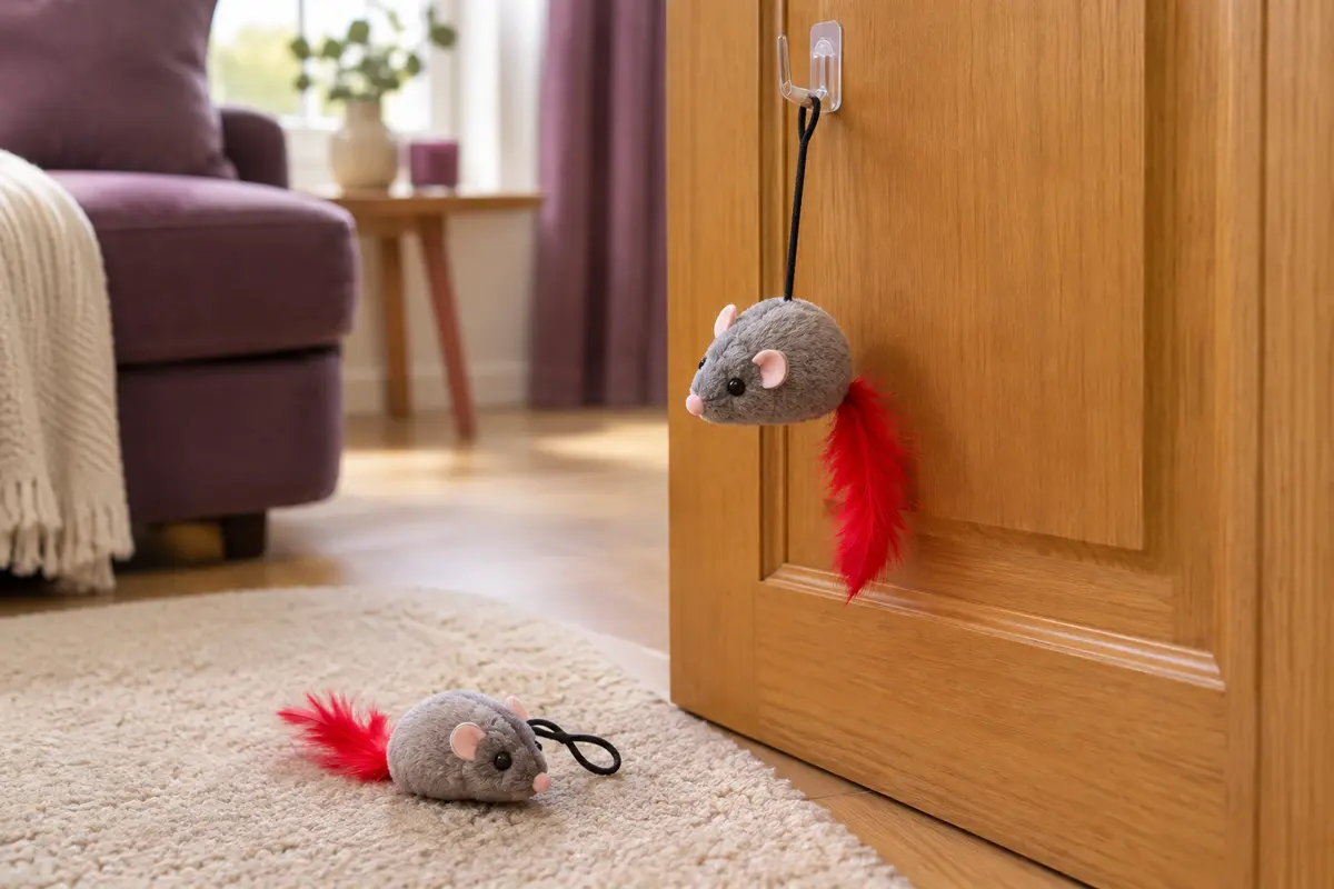 Deux souris grises en peluche à plumes rouges, dont une suspendue à une corde élastique