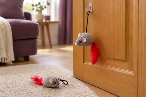 Deux souris grises en peluche à plumes rouges, dont une suspendue à une corde élastique