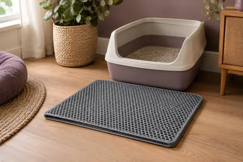 Tapis de litière gris à double couche posé devant un bac, dans un intérieur chaleureux