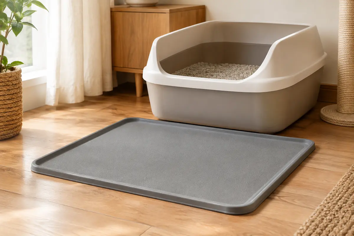 Tapis de litière gris en silicone à bord relevé, posé devant un bac dans un intérieur chaleureux.