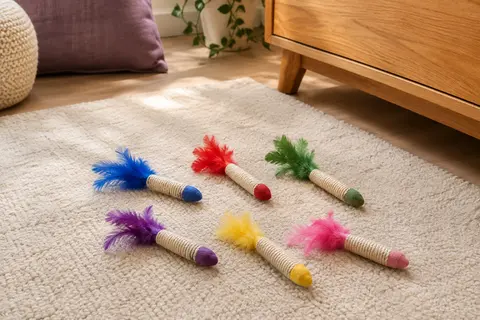 Six jouets allongés à plumes naturelles multicolores disposés sur un tapis crème dans un intérieur chaleureux