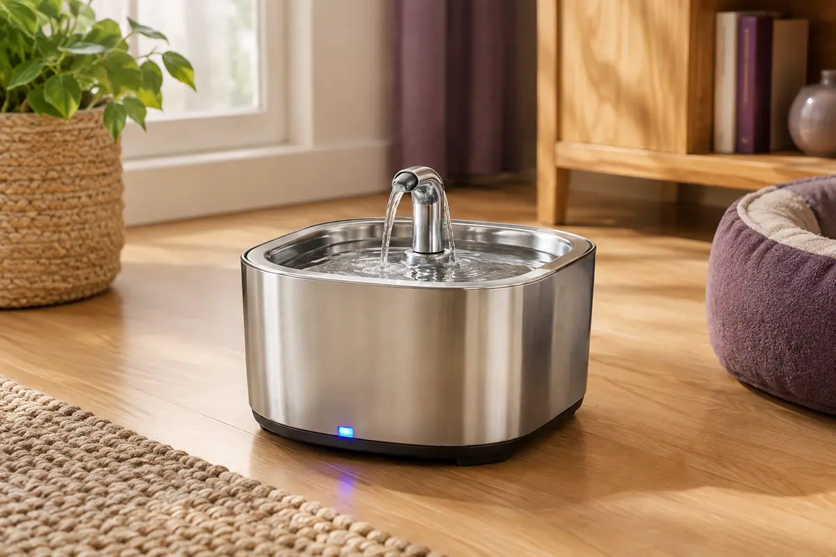 Fontaine à eau argentée en inox pour chat avec embout robinet et LED bleue intégrée