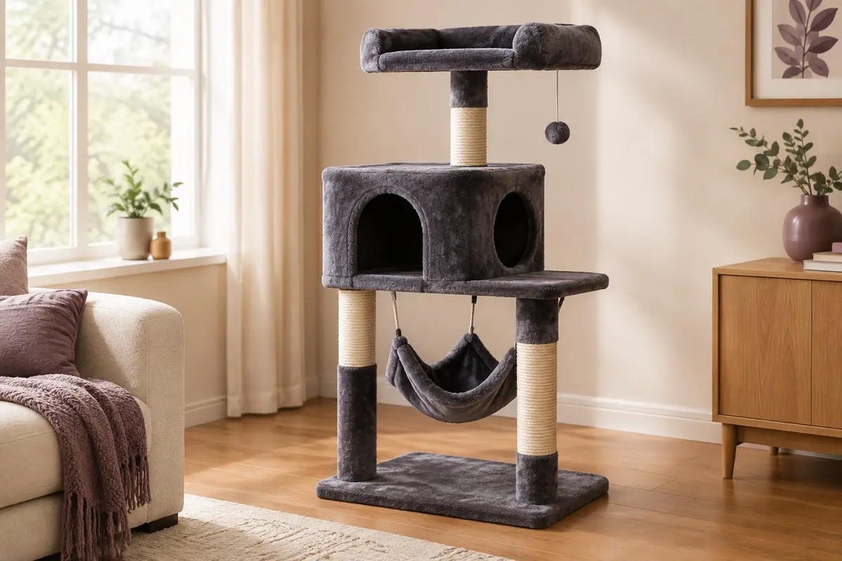 Arbre à chat gris foncé avec hamac, niche, plateforme supérieure et poteaux en sisal